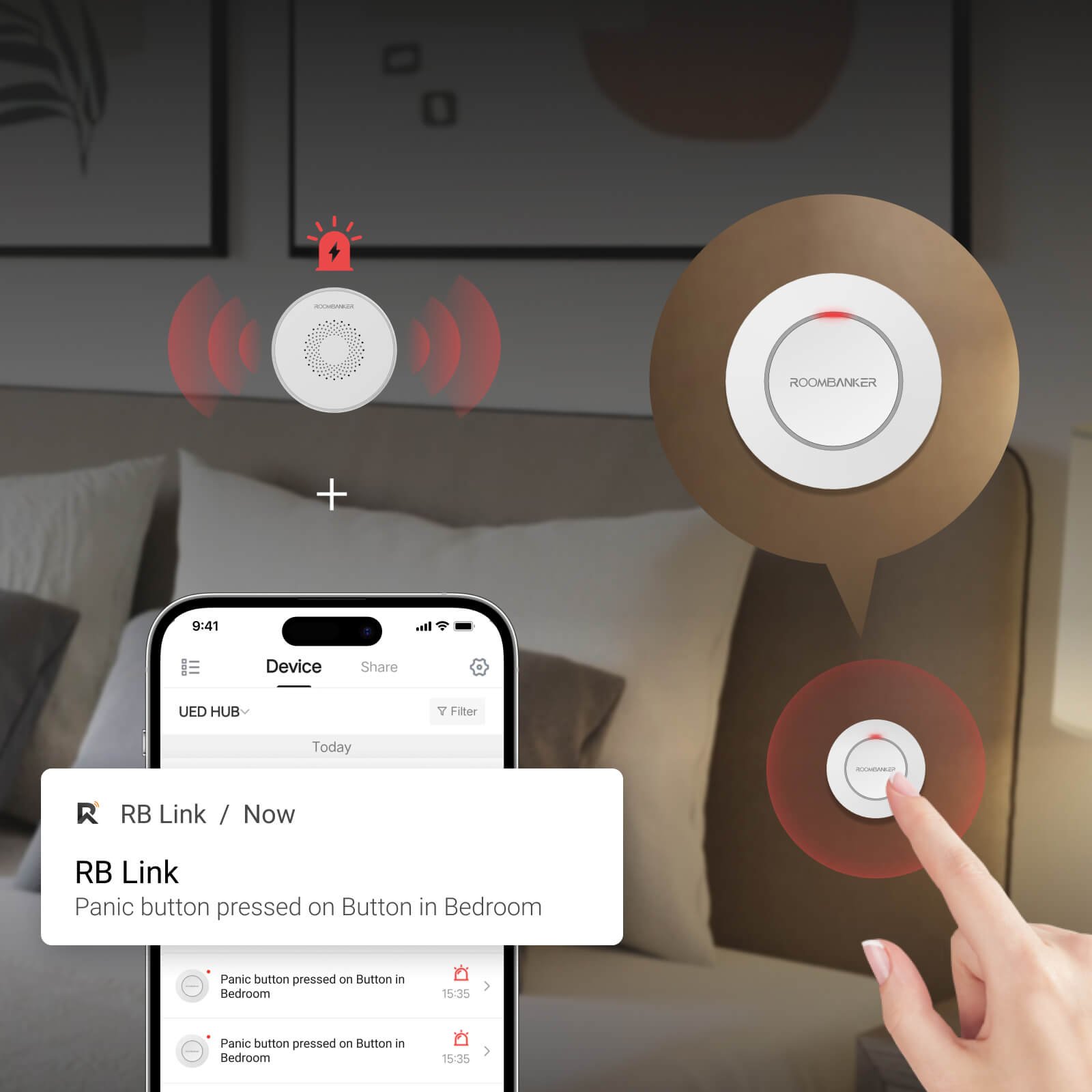 Roombanker Panic Button Alarm real-time wireless security system with an impressive 3 year battery life