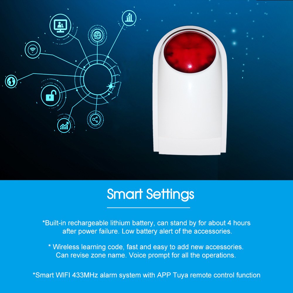 433MHz Wireless Strobe Siren Alarm with 130dB Alarm Red Flashing Remote Alerts Compatible with Home Security Alarm System