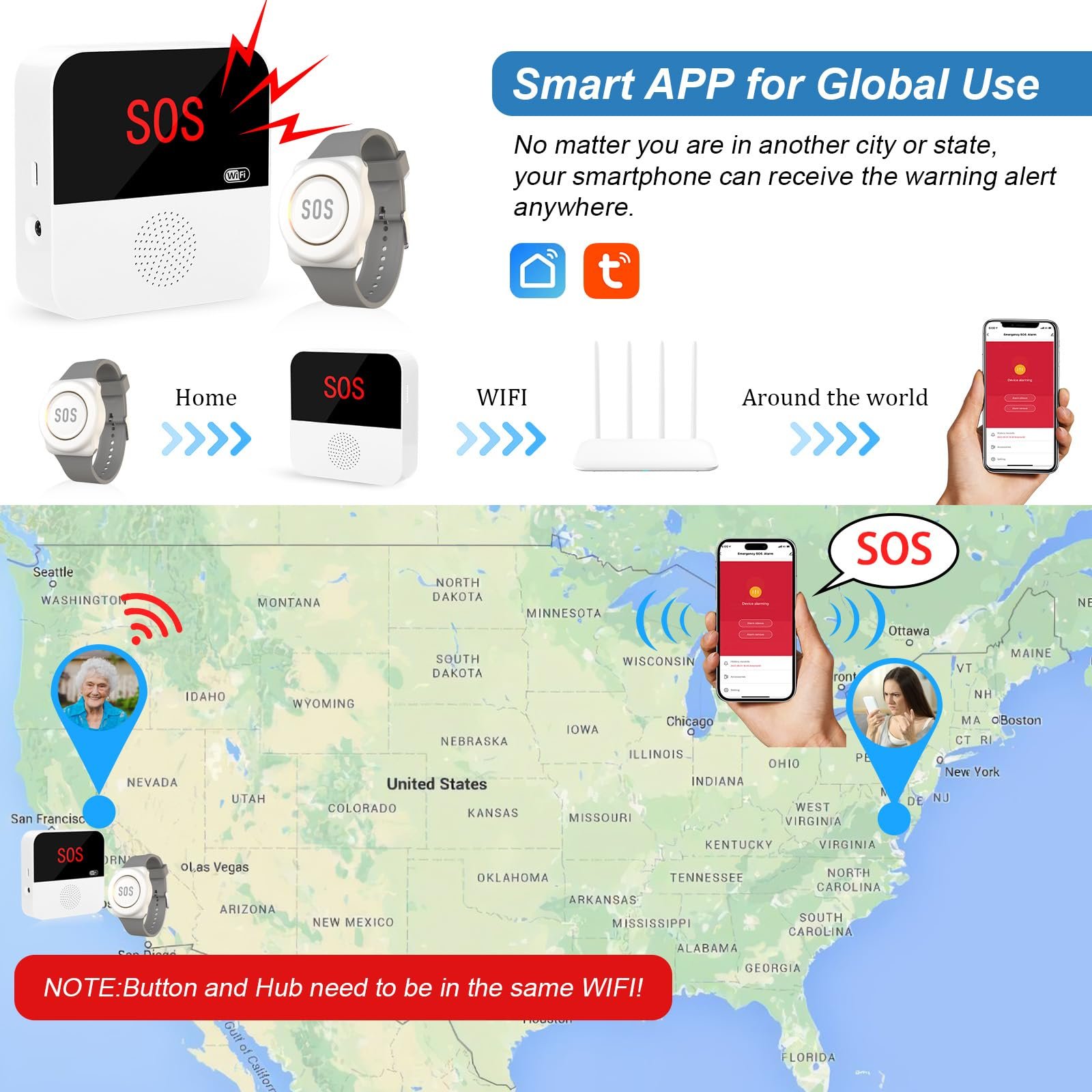 WiFi Caregiver Pager Call Button Life Alert System for Seniors Elderly Patients No Monthly Fee Emergency Alert Watch Receiver