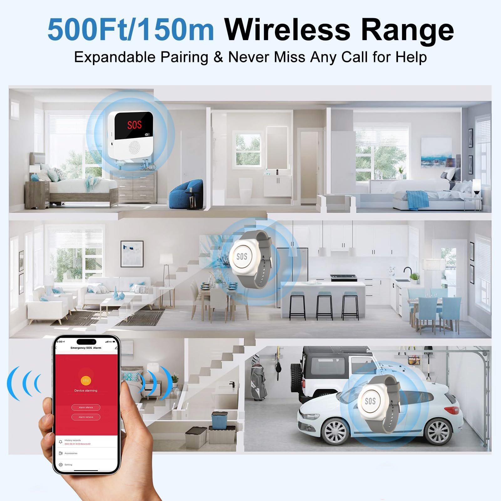 WiFi Caregiver Pager Call Button Life Alert System for Seniors Elderly Patients No Monthly Fee Emergency Alert Watch Receiver