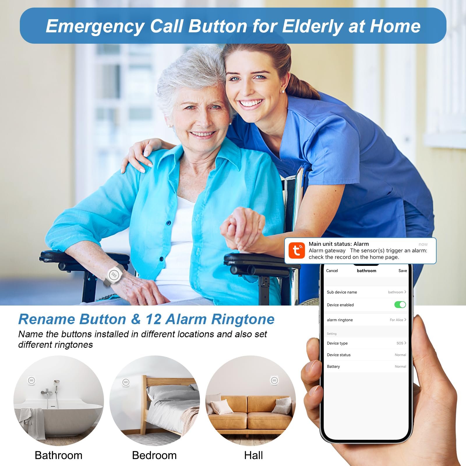 WiFi Caregiver Pager Call Button Life Alert System for Seniors Elderly Patients No Monthly Fee Emergency Alert Watch Receiver