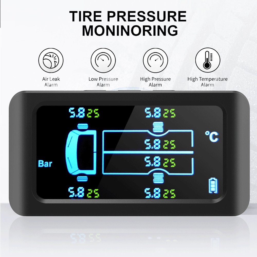 Auto Security Alarm Solar Smart Car TPMS Save Fuel Tire Pressure Monitoring System Digital LCD Display 6 Sensors Vans RV 14.5bar