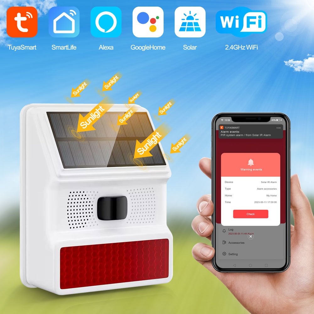China Manufacture Waterproof Tuya Smart WiFi Solar Siren with Multi-functional for Home Security with Motion DetectionPST-PE523W