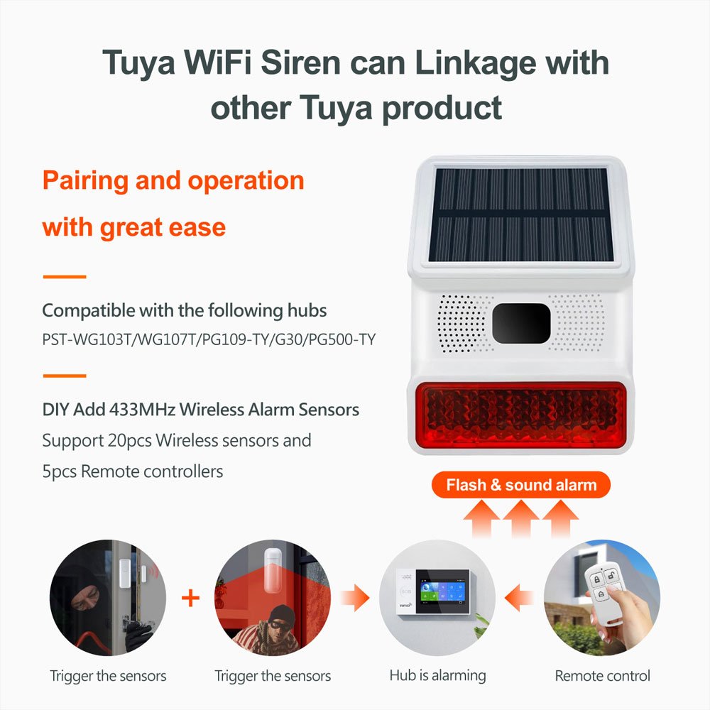 China Manufacture Waterproof Tuya Smart WiFi Solar Siren with Multi-functional for Home Security with Motion DetectionPST-PE523W