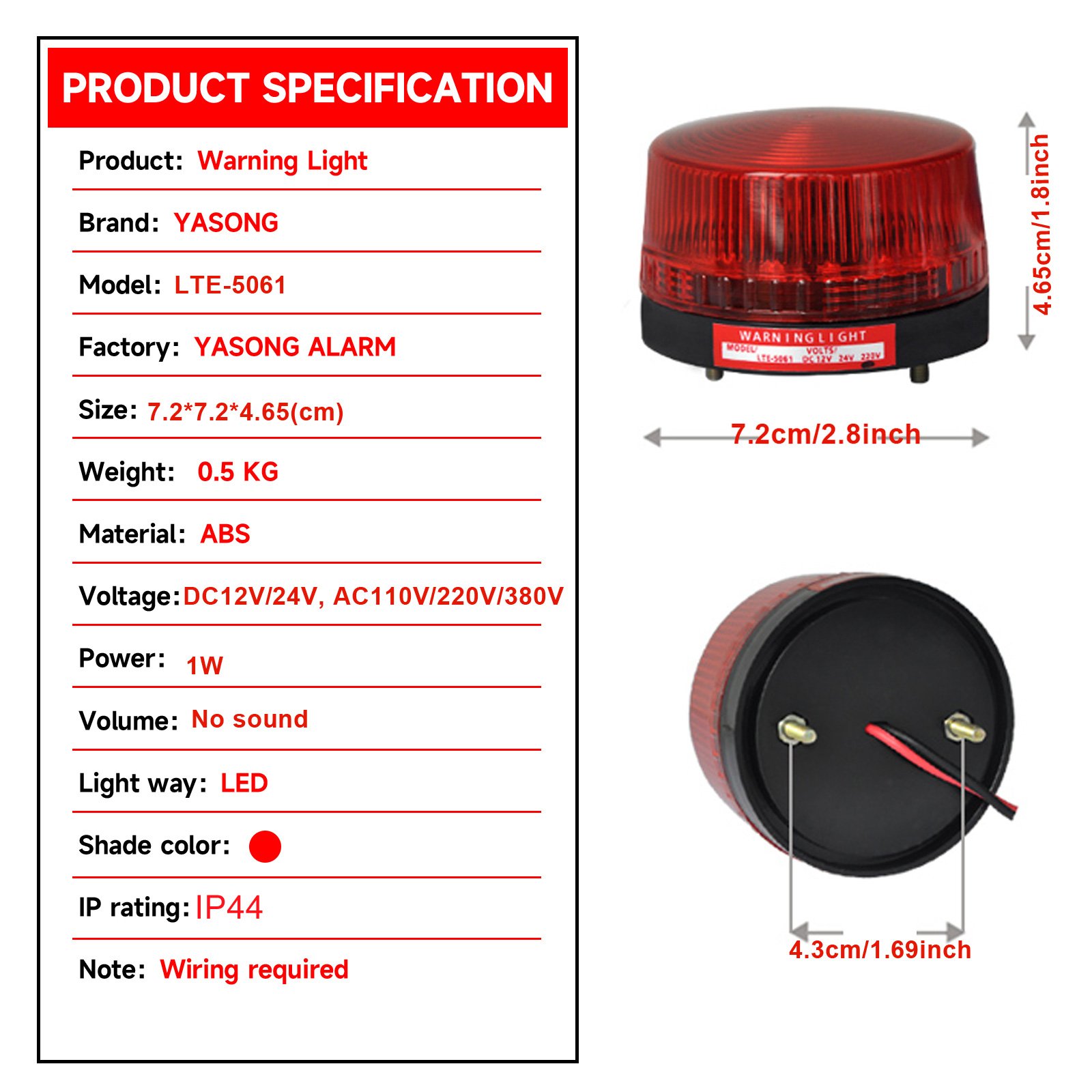 YASONG beacon flash warning light high brightness LED IP44 Waterproof No sound crane warning amber light security alarm system