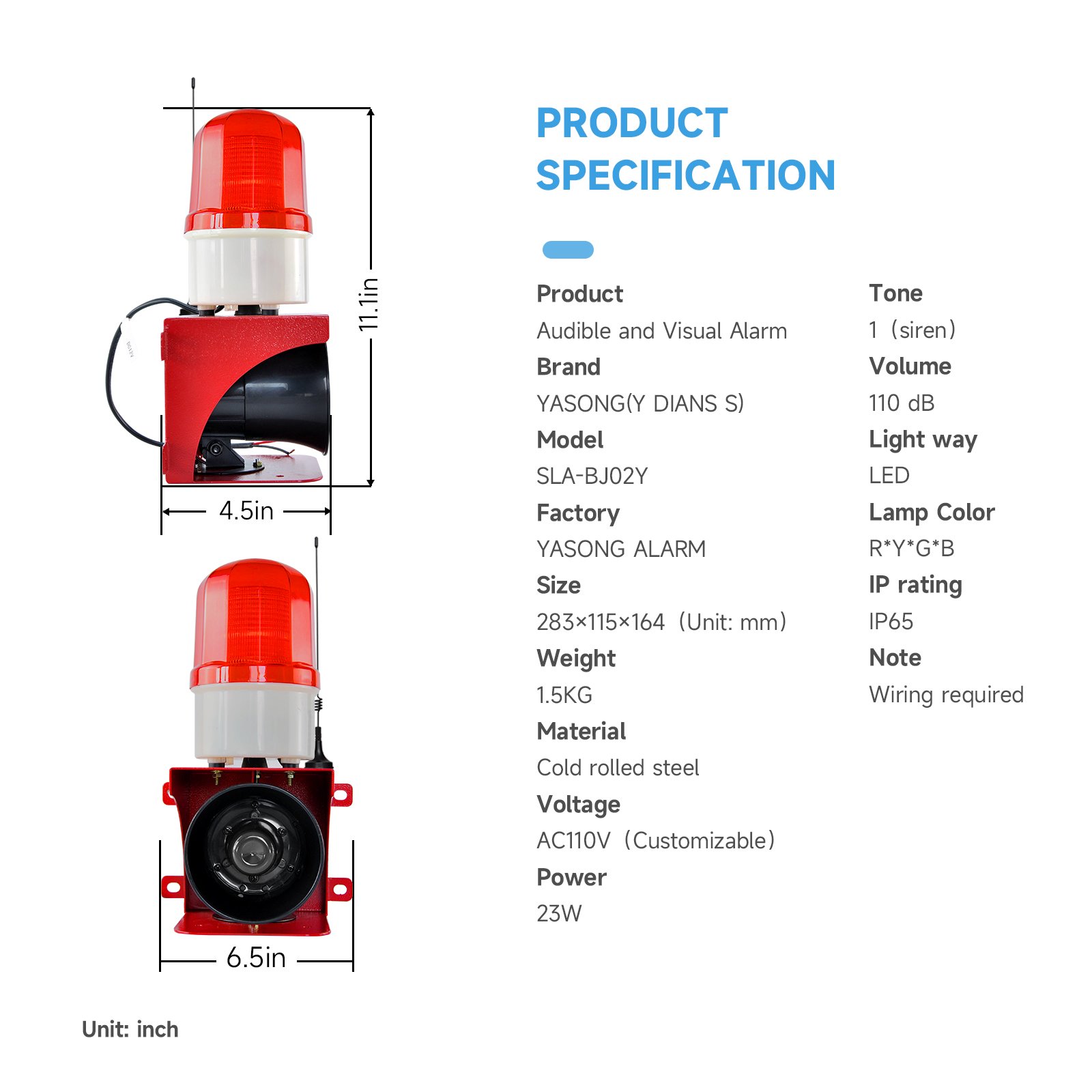 YASONG Customized 2000m Wireless Industrial Security Alarm System 110dB Loud Siren 23W Door Alarm IP54 for Crane and Ports