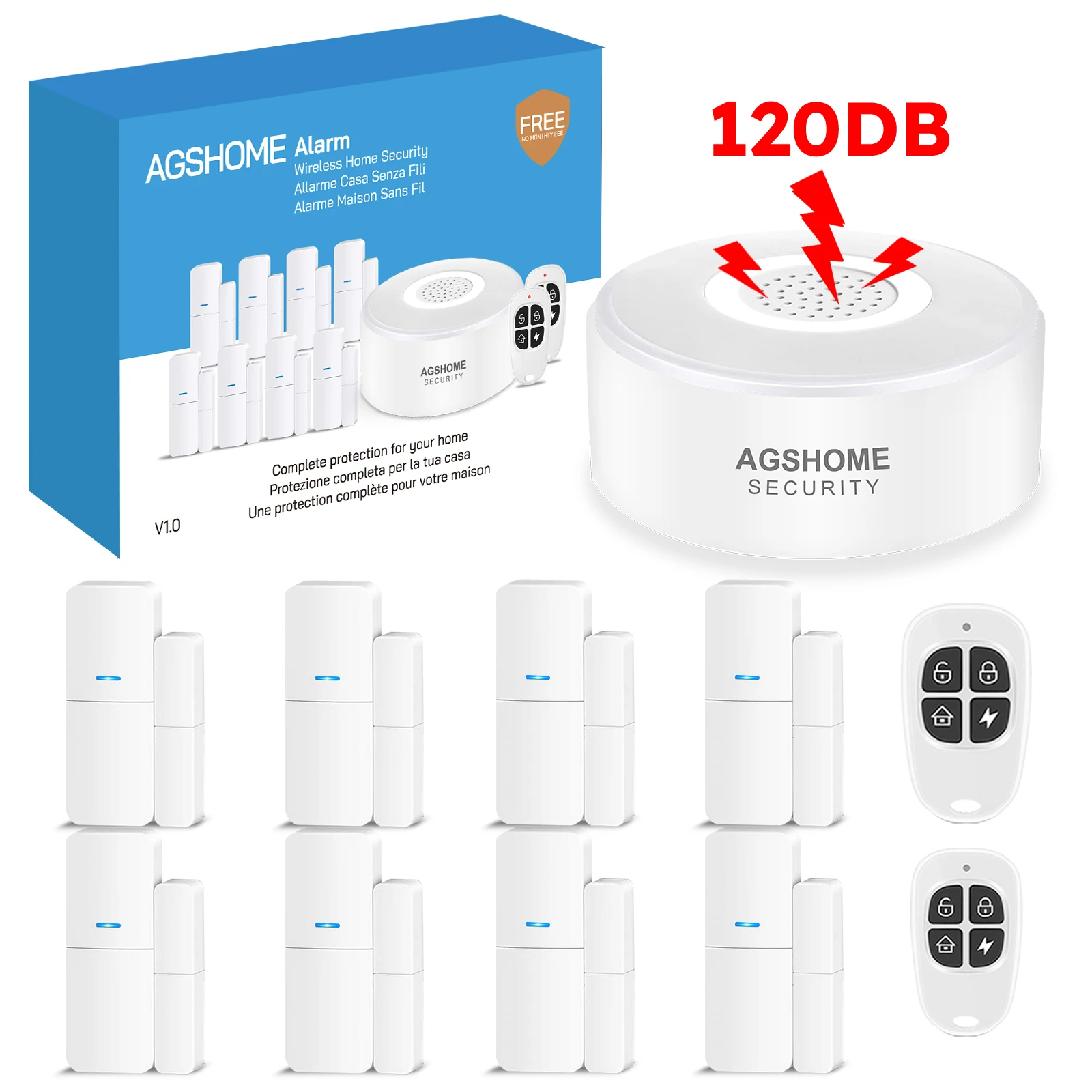 AGSHOME 11 Piece Wireless Home Security System Tuya Smart APP Remote Control Alexa Google Compatible No Contract Door Sensor SOS