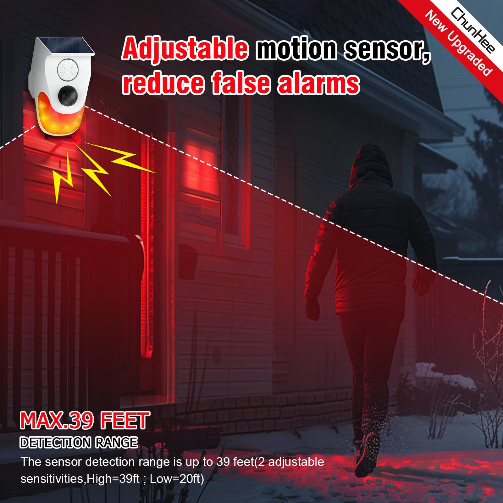 Daytech Outdoor 120db Solar Strobe Light 8 Voice Functions WiFi-Powered Wireless Infrared Motion Sensor Detector Alarm System