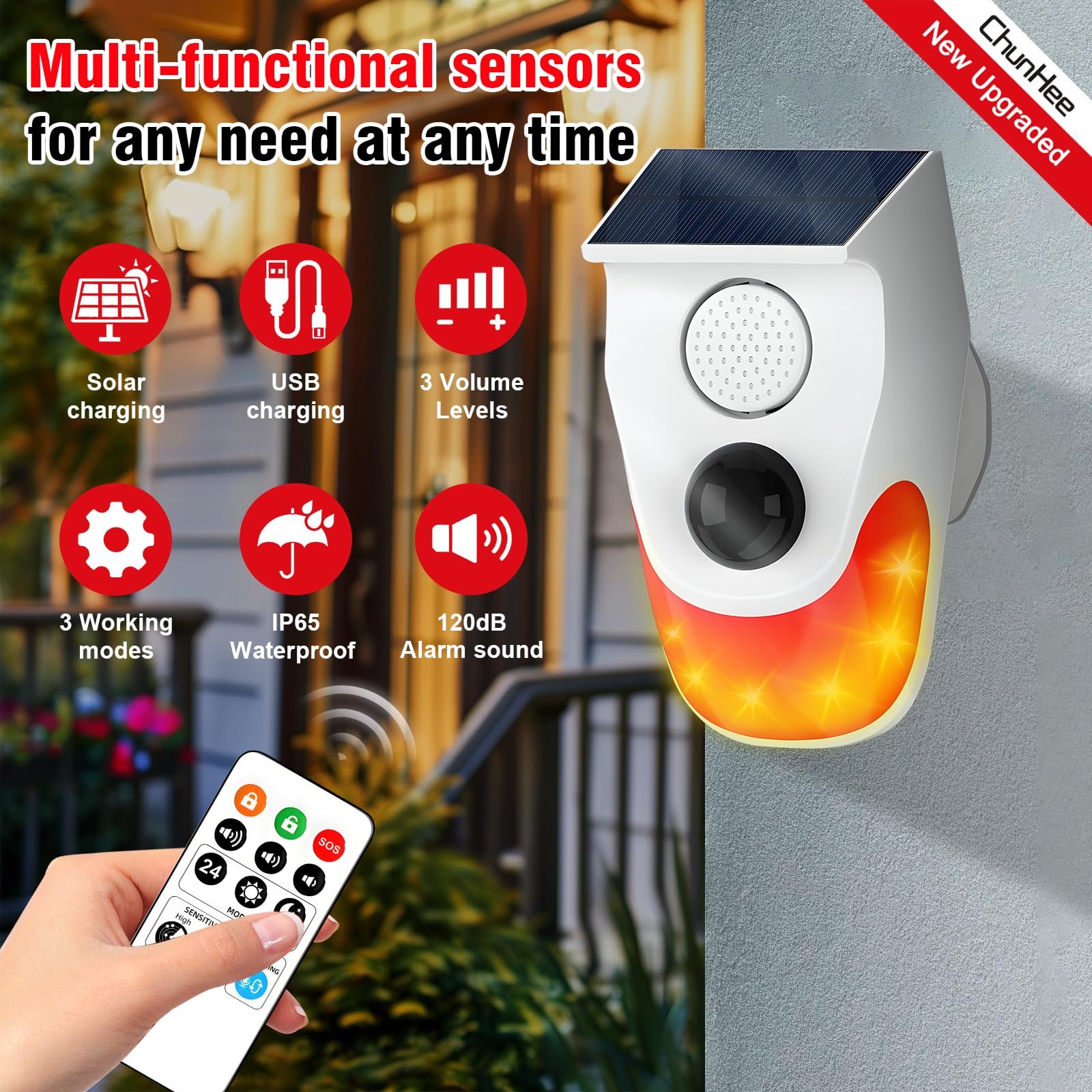 Daytech Outdoor 120db Solar Strobe Light 8 Voice Functions WiFi-Powered Wireless Infrared Motion Sensor Detector Alarm System