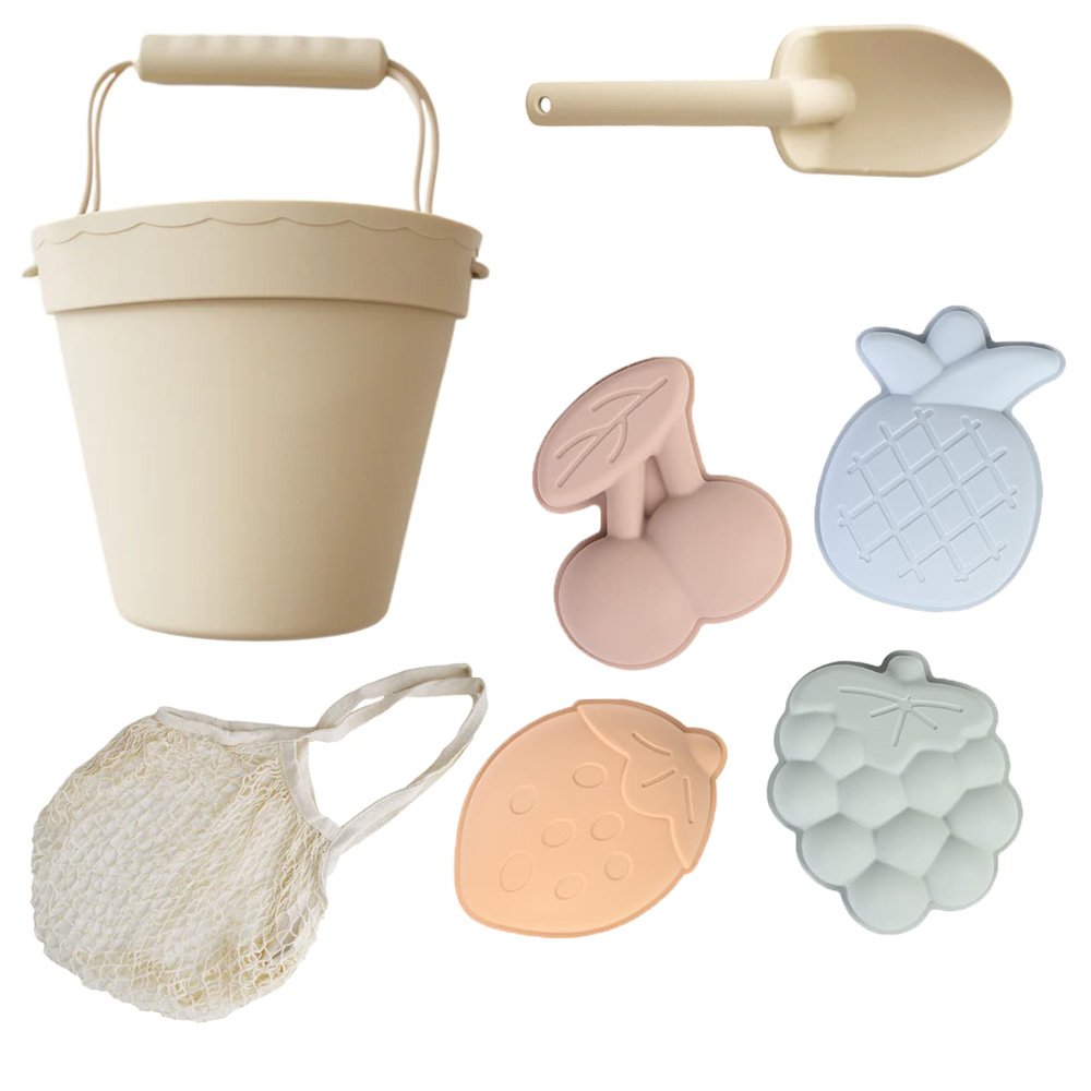 Custom Logo Silicone Beach Sand Toys For kids and baby, Silicone Beach Bucket with Bag and Shovel, Beach Accessories