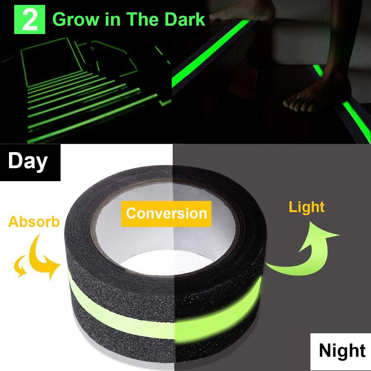 Glow-In-The-Dark Safety Anti Slip Grip Tape Reduces The Risk Of Slipping On Indoor Or Outdoor Stairs And Other Slippery Surfaces