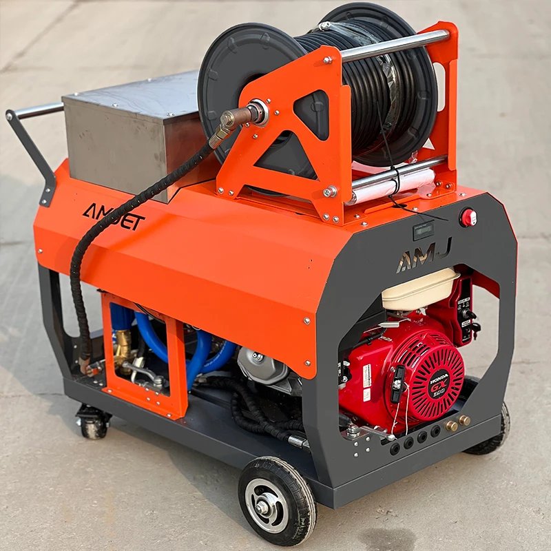 Amjet high pressure washer with 75 liter stainless steel water tank 200bar hot water high pressure sewer unblocking machine