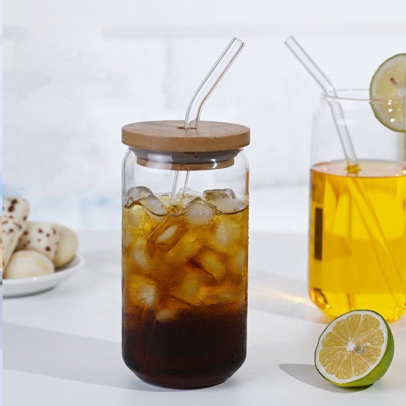 Wholesale 12oz 16oz transparent glass Mason can beer can glass water bottle with bamboo cover and straw