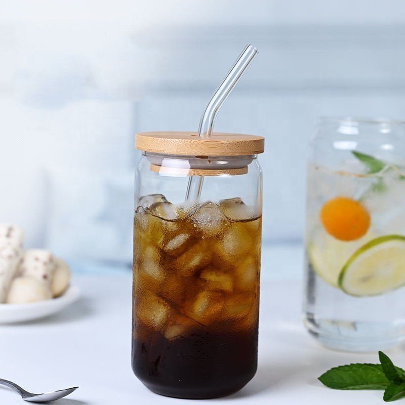 Wholesale 12oz 16oz transparent glass Mason can beer can glass water bottle with bamboo cover and straw
