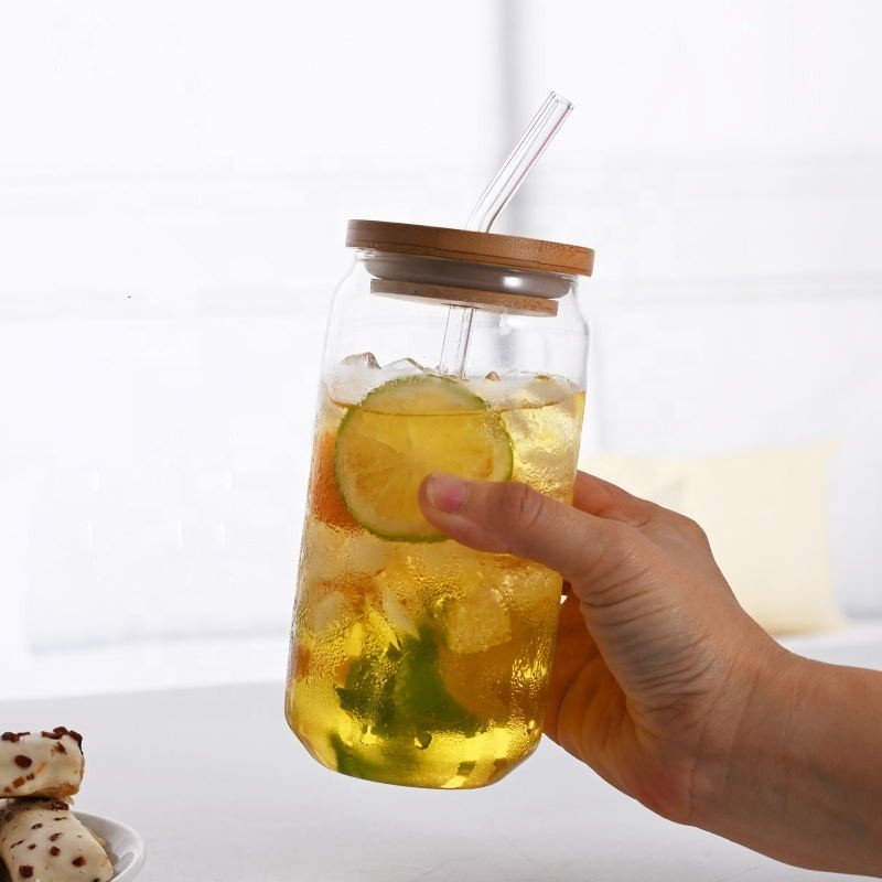 Wholesale 12oz 16oz transparent glass Mason can beer can glass water bottle with bamboo cover and straw