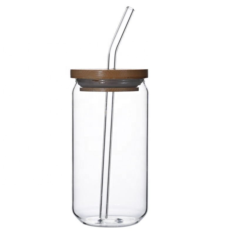 Wholesale 12oz 16oz transparent glass Mason can beer can glass water bottle with bamboo cover and straw