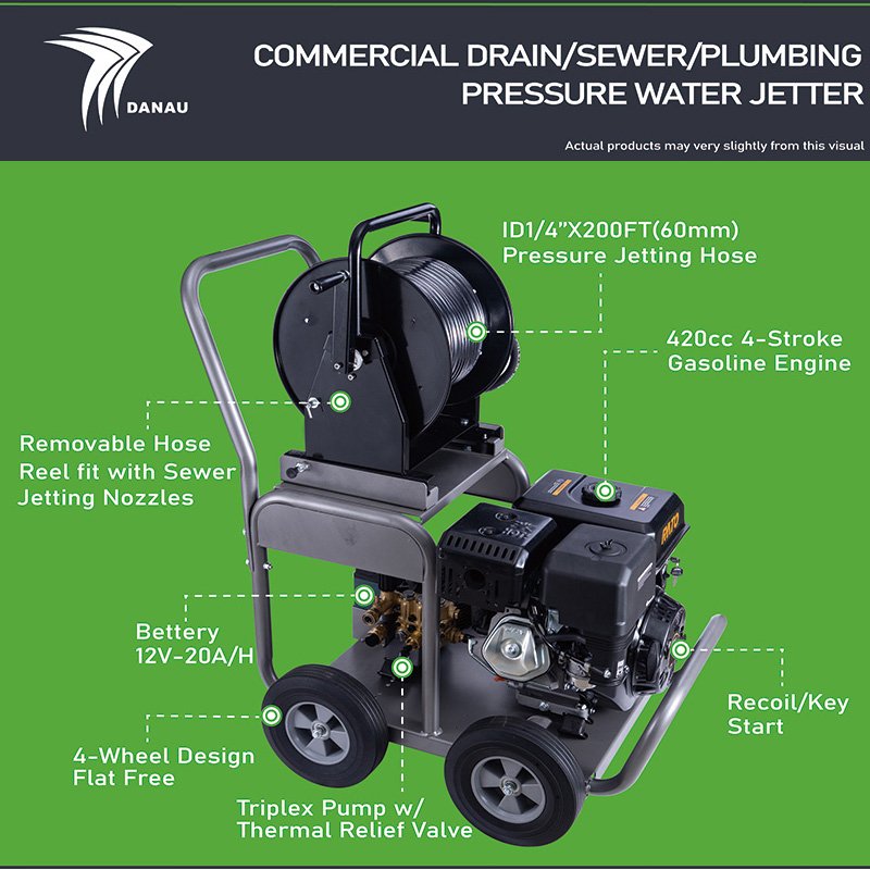 DANAU DCC-22/25ST 3200 Psi 220 Bar Cold Water Gas Engine High Pressure Drain Pipe Sewer Cleaner Washer Machine Water Jetter