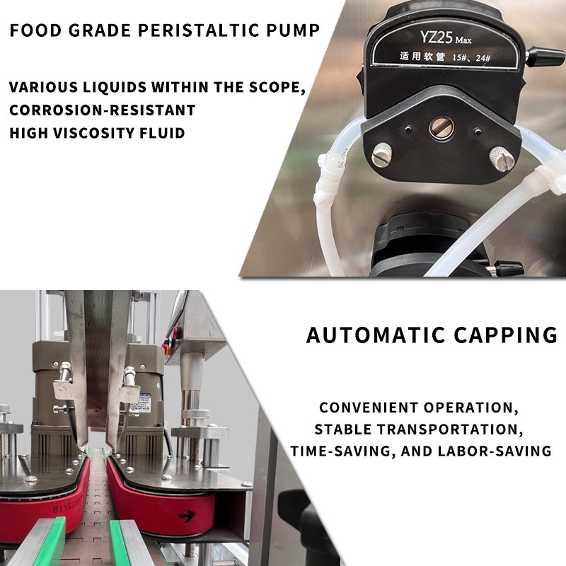 Anti corrosion peristaltic pump filling machine, fully automatic capping and labeling machine, cosmetic olive oil conveyor belt