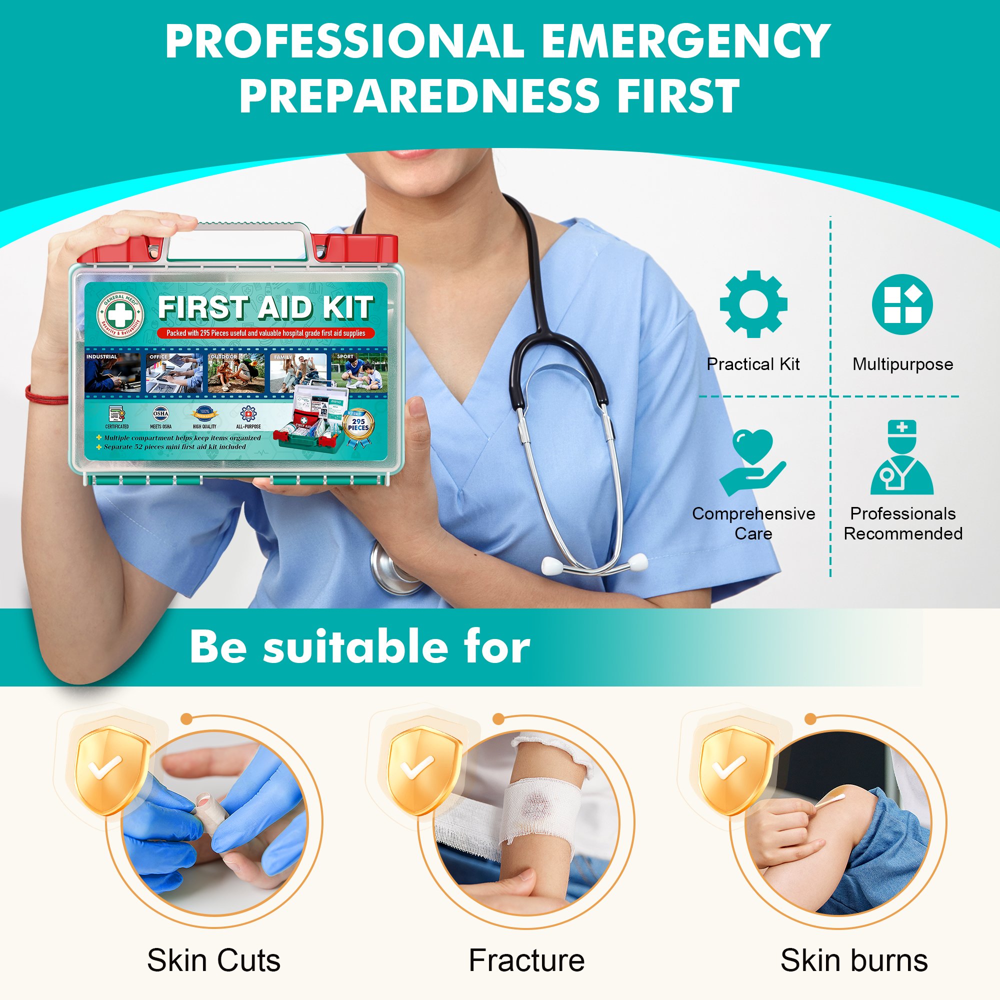 ANSI 2021 295 Pieces Hot Selling First Aid Kit Waterproof First Aid Kit professional emergency prepared kit for Medical Supplies