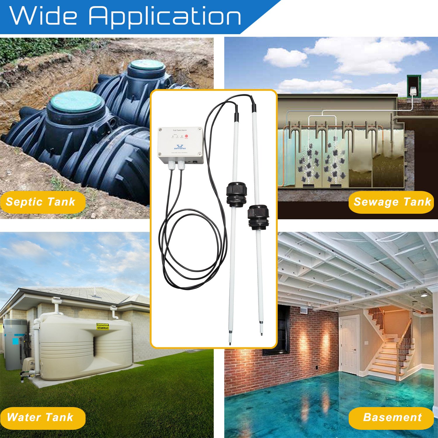 Adjustable Detection Range Water Level Alarm for Water Tank Sump Pump Septic Tank Sewage System 2 Level Liquid Sensor Detector