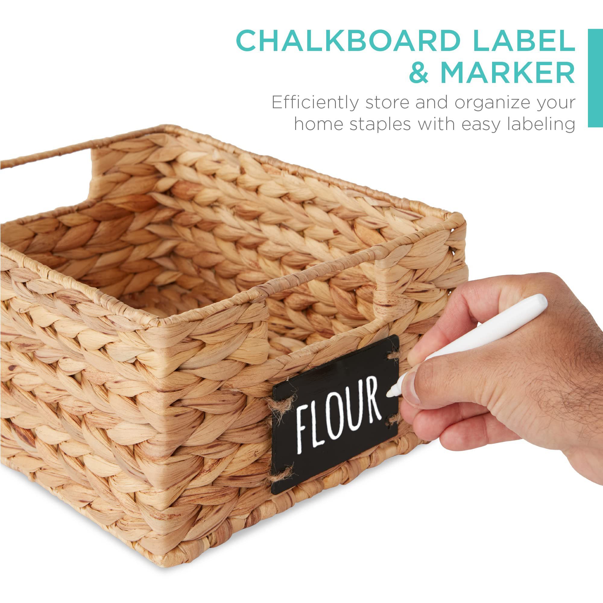 4Pack Hand-Woven Natural Water Hyacinth Cattail Baskets Large Small Storage Baskets Set Chalkboard Mark Home Pantry Organization