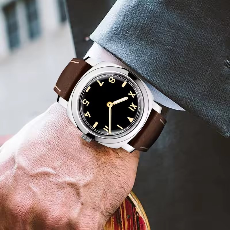 custom oversides Men's Watch Divers Vintage Polish Sliver Case Roman Dial Leather Strap Mechanical Watch for men