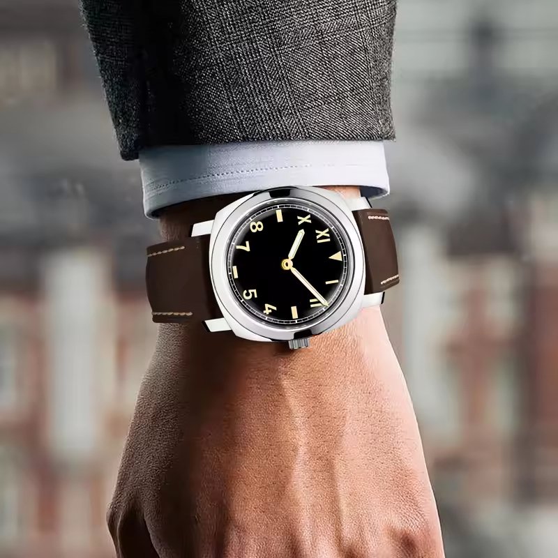 custom oversides Men's Watch Divers Vintage Polish Sliver Case Roman Dial Leather Strap Mechanical Watch for men