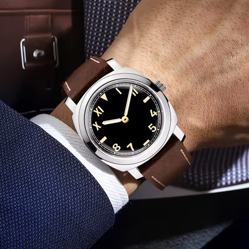custom oversides Men's Watch Divers Vintage Polish Sliver Case Roman Dial Leather Strap Mechanical Watch for men