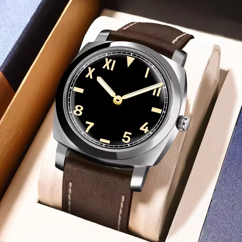 custom oversides Men's Watch Divers Vintage Polish Sliver Case Roman Dial Leather Strap Mechanical Watch for men