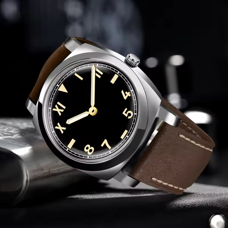 custom oversides Men's Watch Divers Vintage Polish Sliver Case Roman Dial Leather Strap Mechanical Watch for men