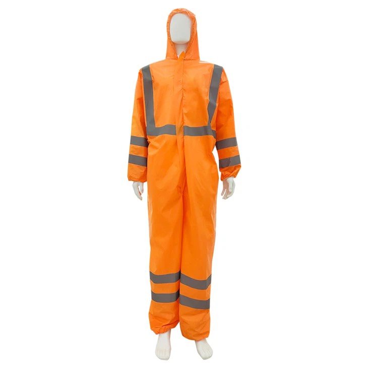 Superior Liquid microporous coverall 65gsm orange chest front and back arms and others parts white suit with reflective tapes