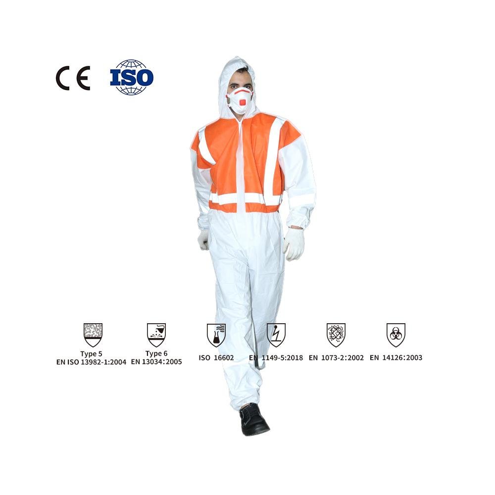 Superior Liquid microporous coverall 65gsm orange chest front and back arms and others parts white suit with reflective tapes