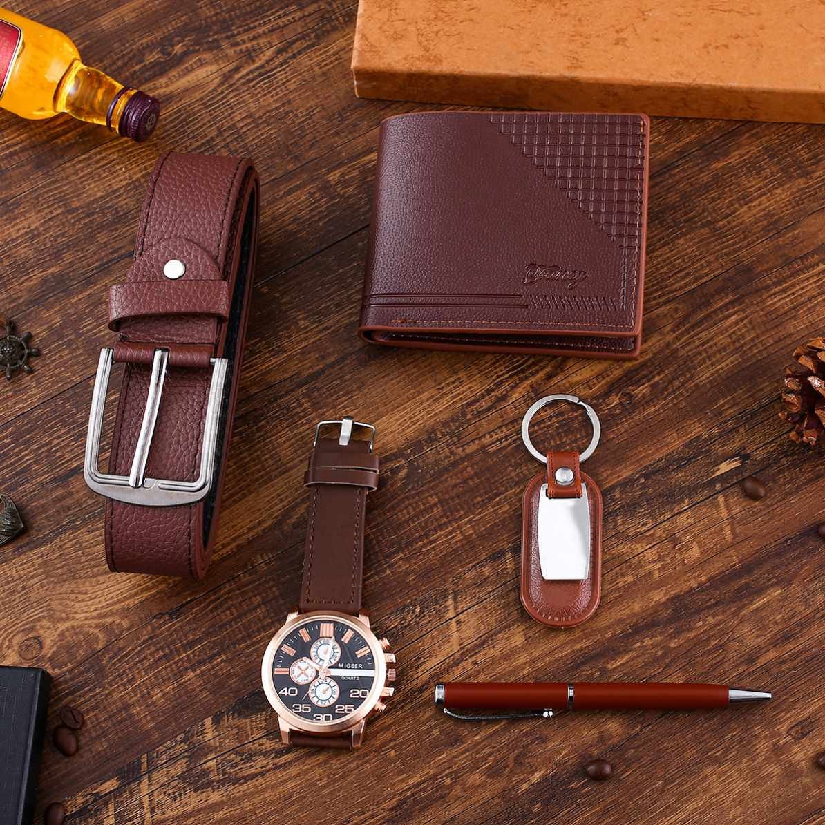 2024 Hot Christmas Gifts Belt Wallet Keychain Large Dial Quartz Watch Pen Watch 5pcs/set Boutique Gift Set