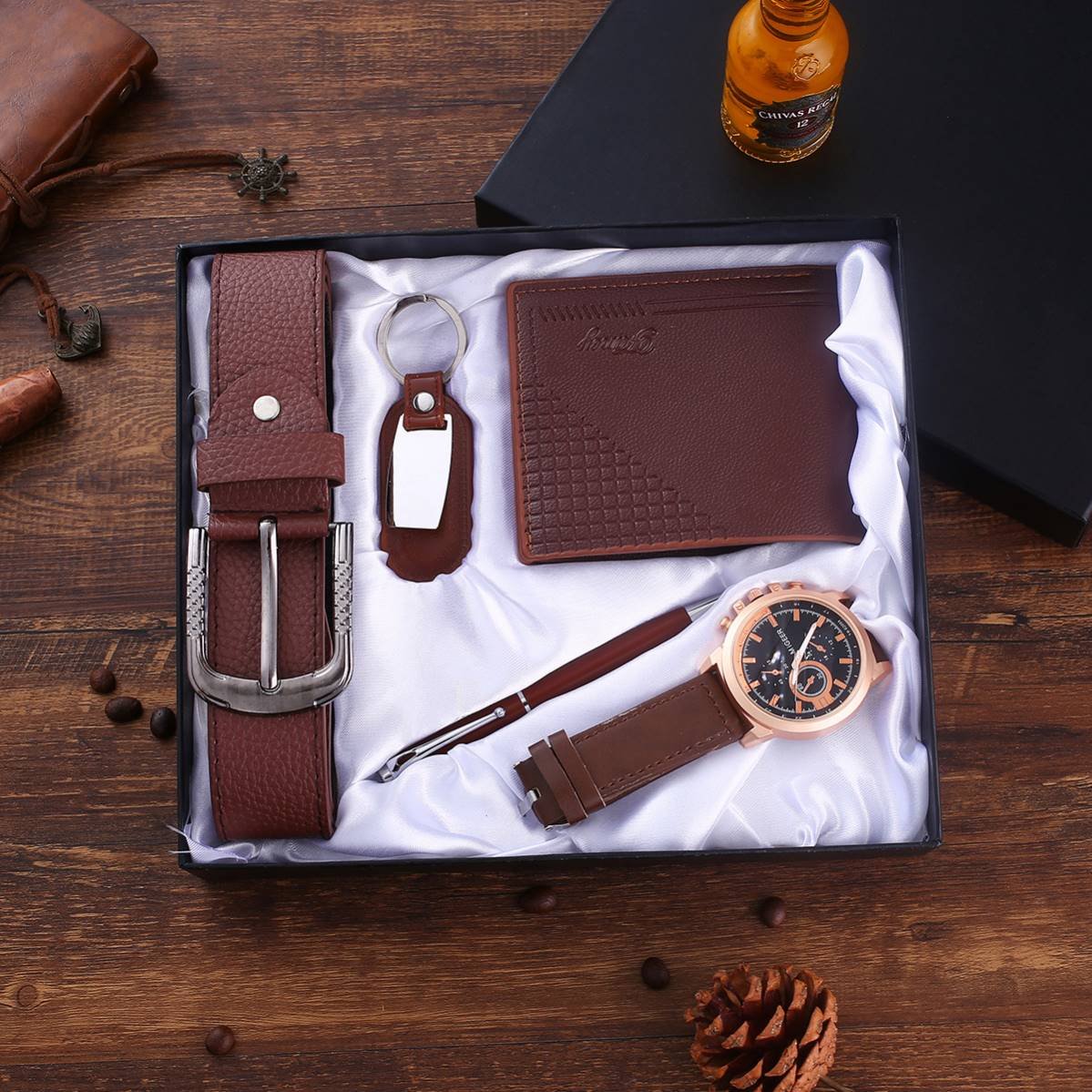 2024 Hot Christmas Gifts Belt Wallet Keychain Large Dial Quartz Watch Pen Watch 5pcs/set Boutique Gift Set