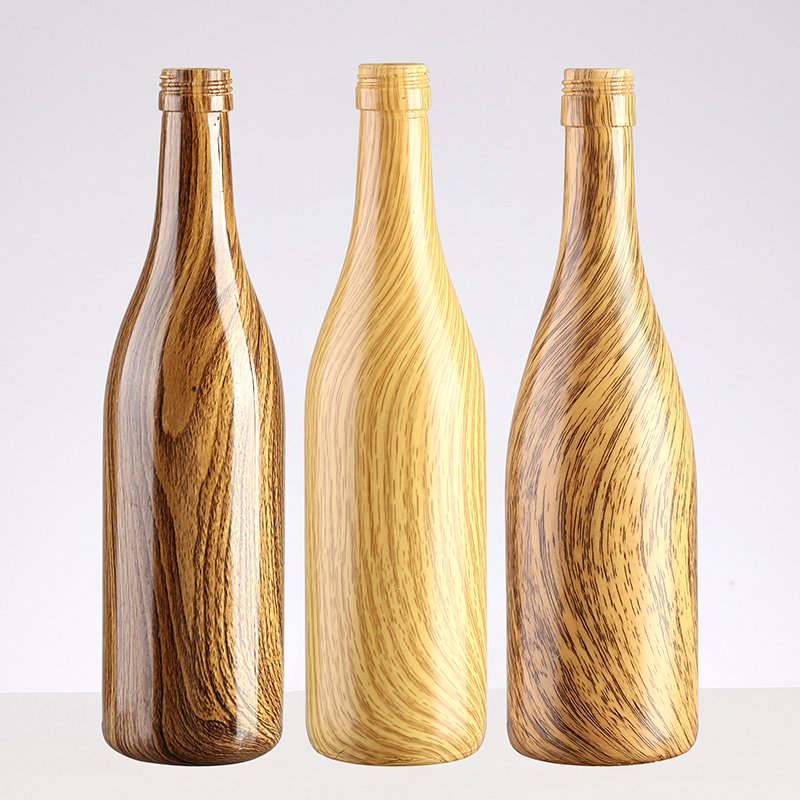 China Factory 75cl glass bottles wood pattern style Wooden Grain Wooden pattern wine beer bottle