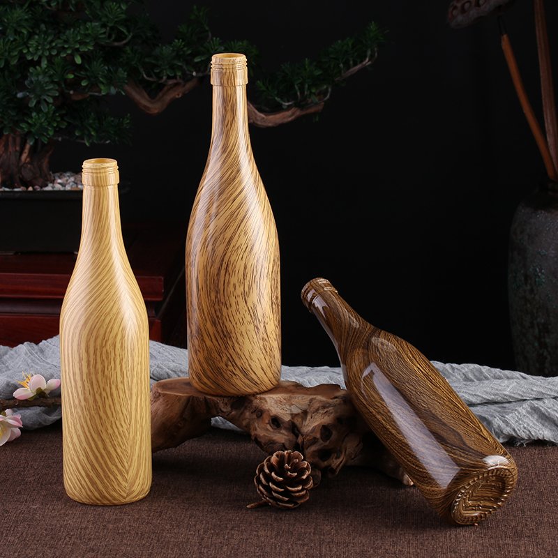 China Factory 75cl glass bottles wood pattern style Wooden Grain Wooden pattern wine beer bottle