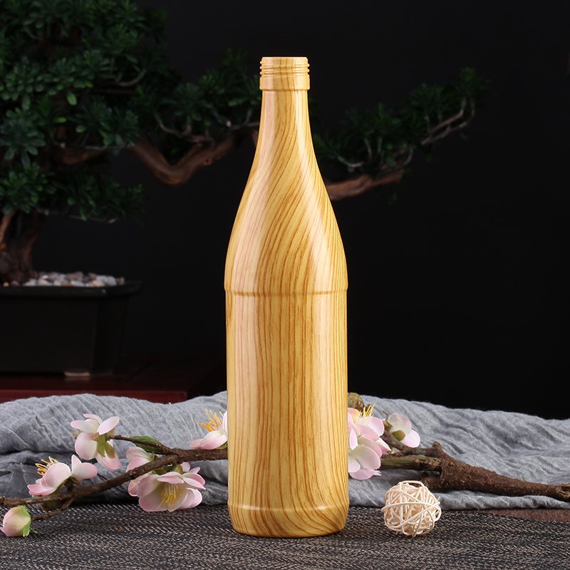 China Factory 75cl glass bottles wood pattern style Wooden Grain Wooden pattern wine beer bottle