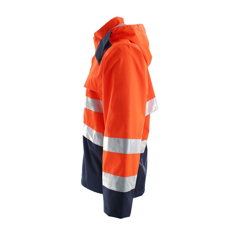Hi-viz Hi Vis High Visibility Fluorescent Orange PU Rain Jacket Workwear Coat Waterproof Road Safety Rainwear
