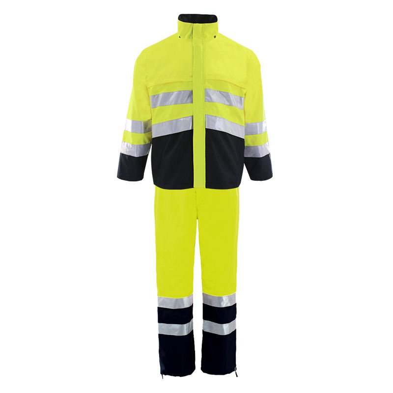 Hi-viz Hi Vis High Visibility Fluorescent Orange PU Rain Jacket Workwear Coat Waterproof Road Safety Rainwear
