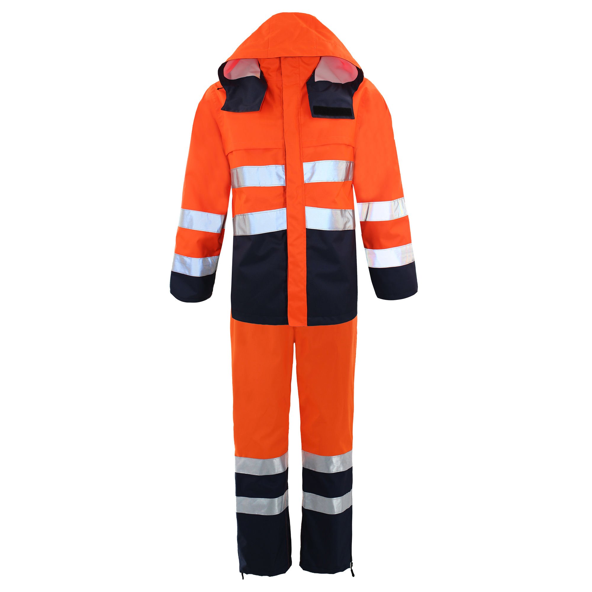 Hi-viz Hi Vis High Visibility Fluorescent Orange PU Rain Jacket Workwear Coat Waterproof Road Safety Rainwear