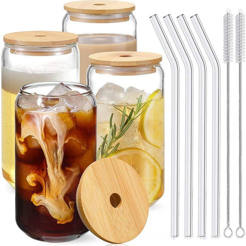 Hot sale 12oz 16oz transparent beer can sublimation glass cola bottle with bamboo cover and glass straw