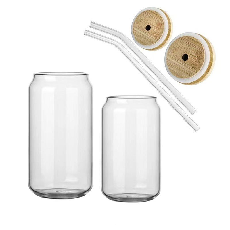 Hot sale 12oz 16oz transparent beer can sublimation glass cola bottle with bamboo cover and glass straw