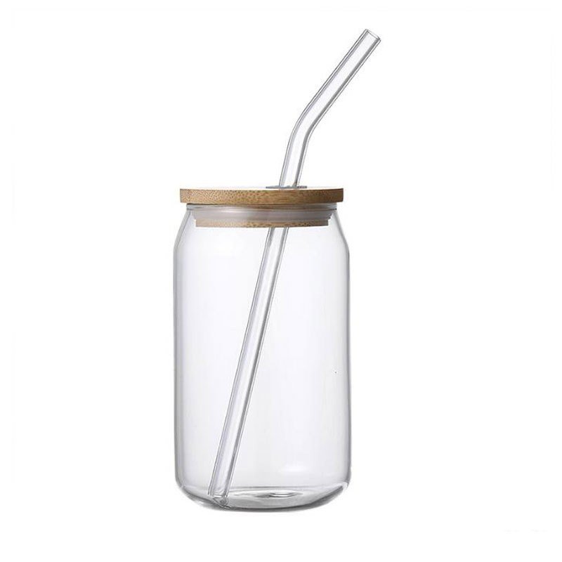 Hot sale 12oz 16oz transparent beer can sublimation glass cola bottle with bamboo cover and glass straw