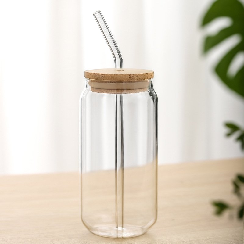 Wide mouth lovely reusable 24-ounce transparent empty glass mason drinking bottle with bamboo cap and straw