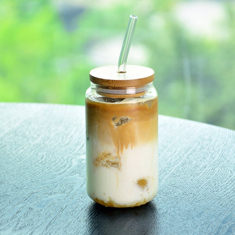 Wide mouth lovely reusable 24-ounce transparent empty glass mason drinking bottle with bamboo cap and straw