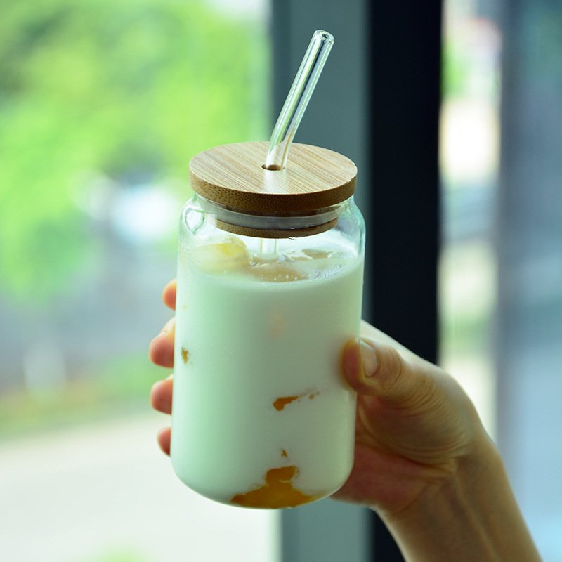 Wide mouth lovely reusable 24-ounce transparent empty glass mason drinking bottle with bamboo cap and straw
