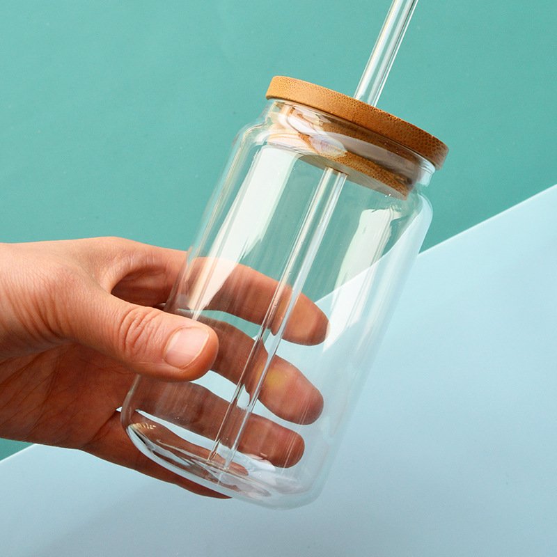 Wide mouth lovely reusable 24-ounce transparent empty glass mason drinking bottle with bamboo cap and straw