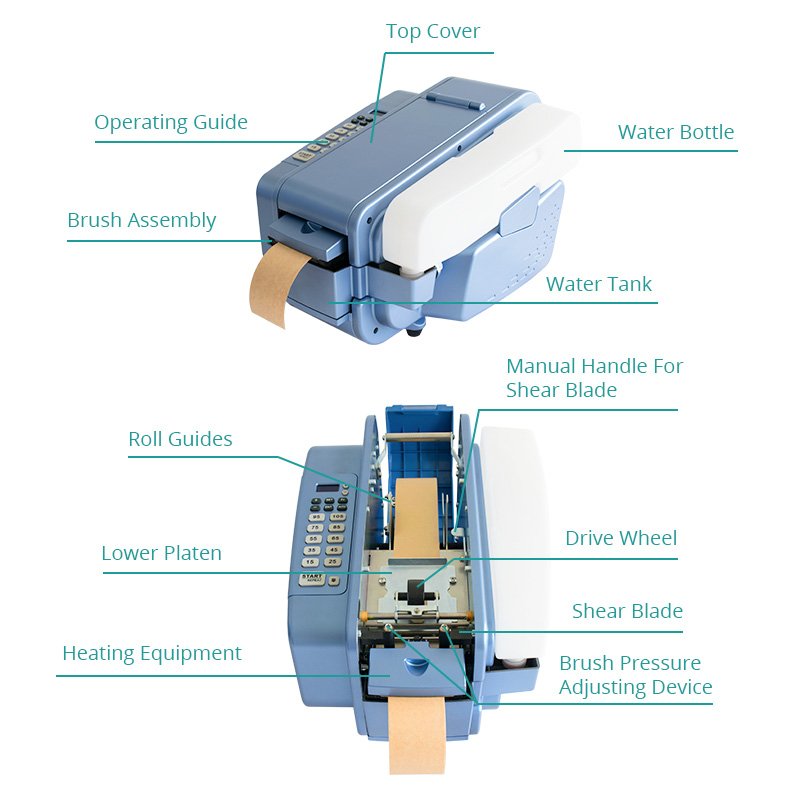 Eco-Friendly Safety Automatic Cutter Wet Paper Packaging Kraft Gummed Water Activated Tape Dispenser Machine