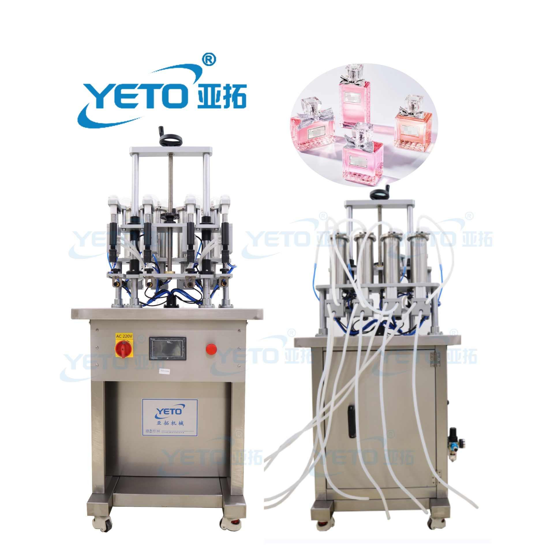 Yeto double heads pneumatic small size liquid essential oil products semi automatic vacuum perfume filling machine