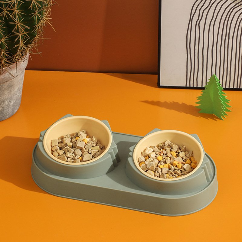 Wholesale pet bowl double layer anti-tip stainless steel cute cat rice bowl cat bowl